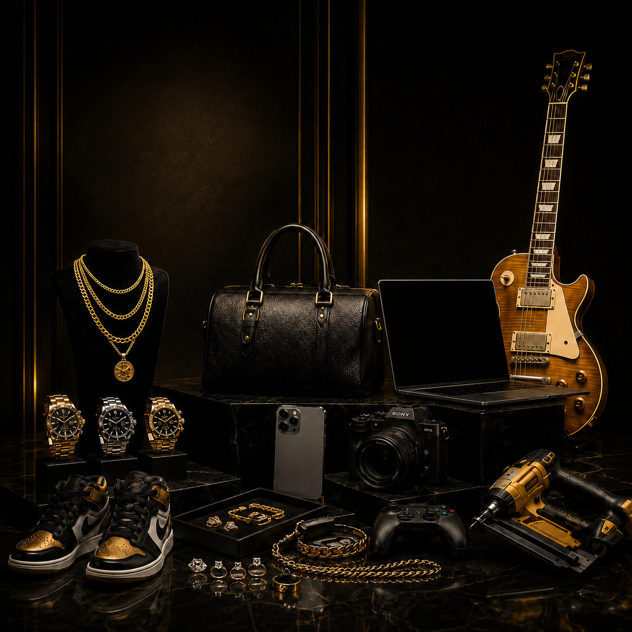 Premium collateral items representing Pawn Club lending, selling, and shopping